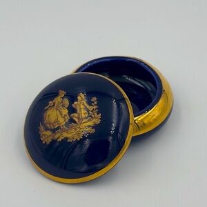 Limoges France Mini Trinket Box Signed, Trim & Victorian Couple Painted in Gold